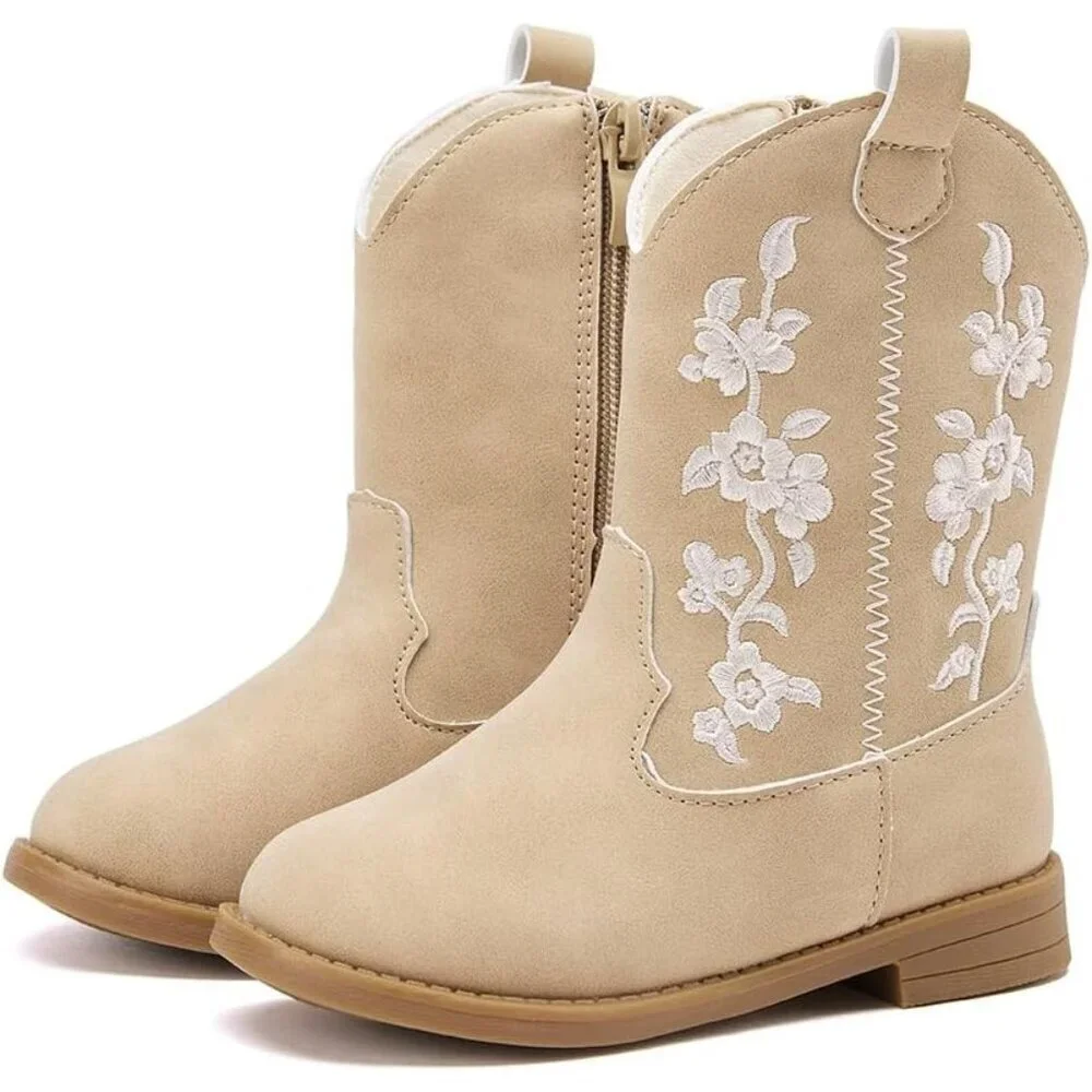 ⚡Girls 4-Camel Microfiber Little Kids Mid Calf Western Pointed Toe Riding Boots